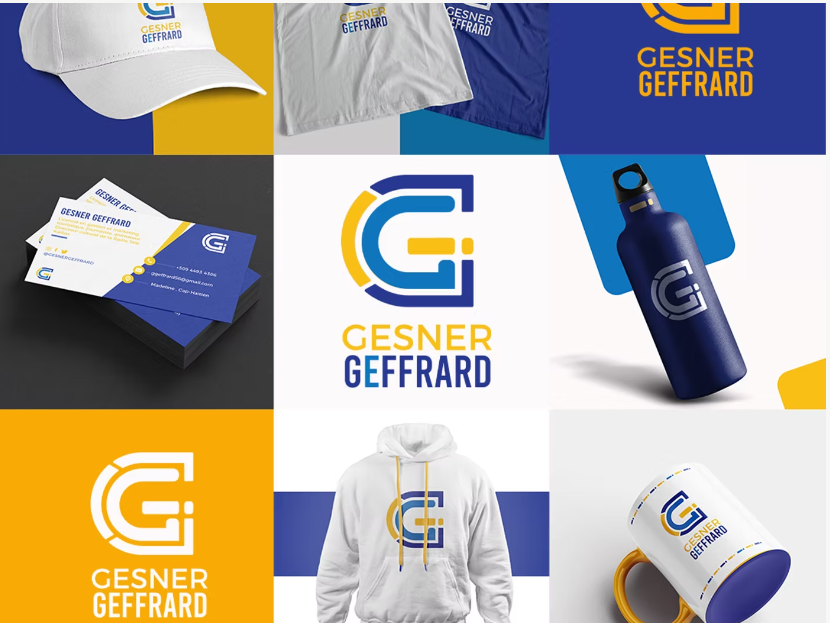 Gesner Geffrard brand identity mockup collage across merchandise and print materials