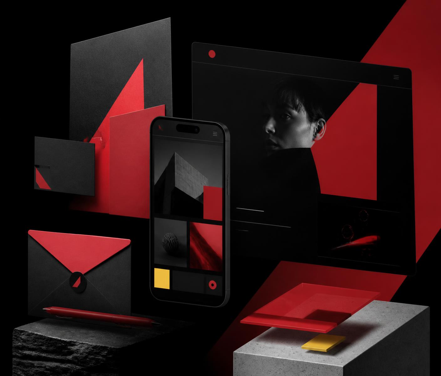 Brand identity mockups, a mobile app screen and a website interface arranged in a dark studio composition