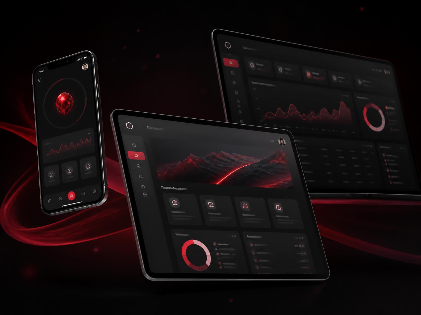 A mobile app screen, tablet customer portal and web dashboard shown together